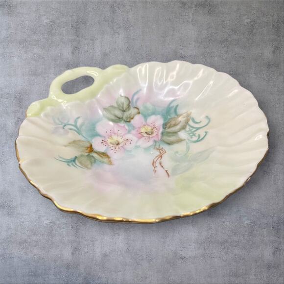 Vtg Hand Painted Porcelain Trinket Dish Pink Plum Blossoms Gold Rim M. Brown - Picture 8 of 9